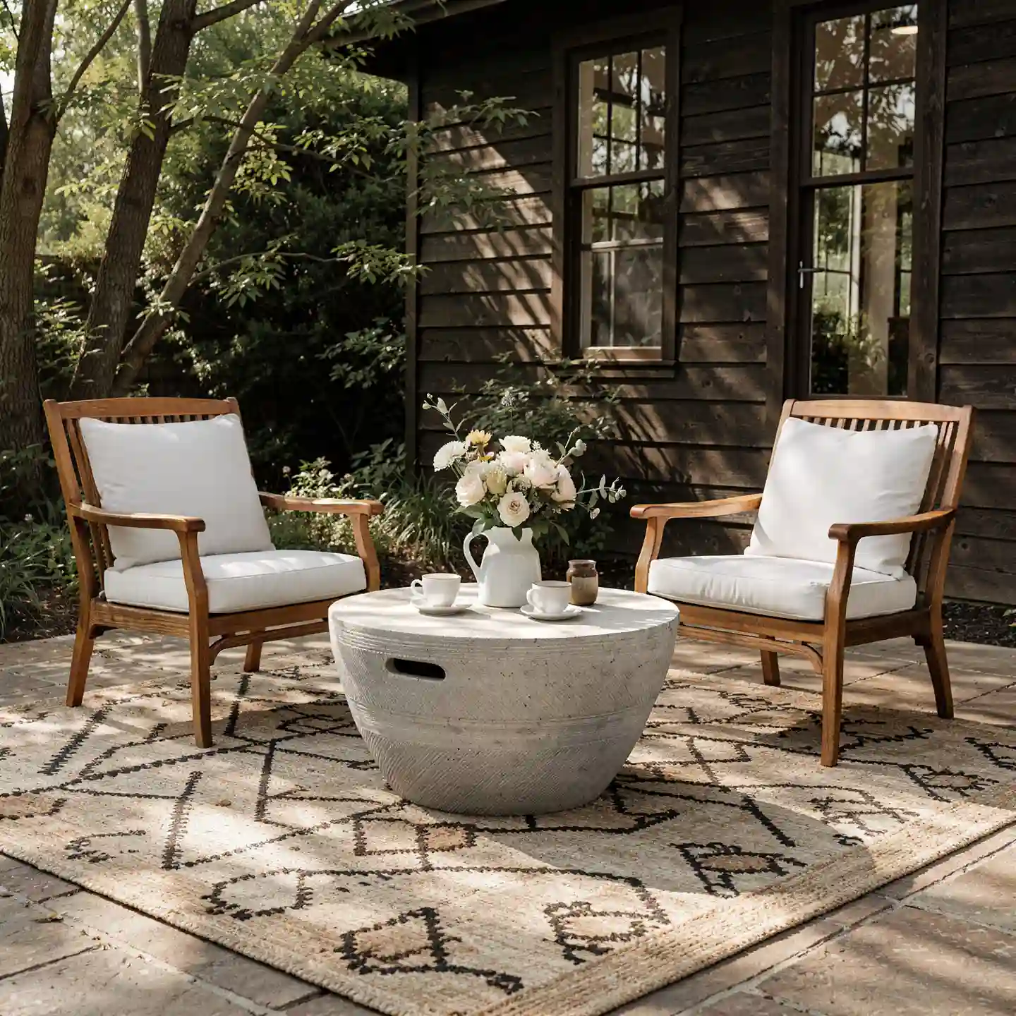 A sculptural cast-stone fixture providing a sturdy surface for coffee and floral arrangements in a country estate courtyard. Premium landscape assets bridging rustic and modern design.